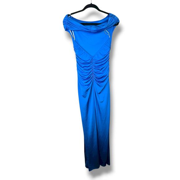 Lulus NWOT Brilliant Elegance Blue Off-the-Shoulder Backless Ruched Maxi Dress - Picture 8 of 11